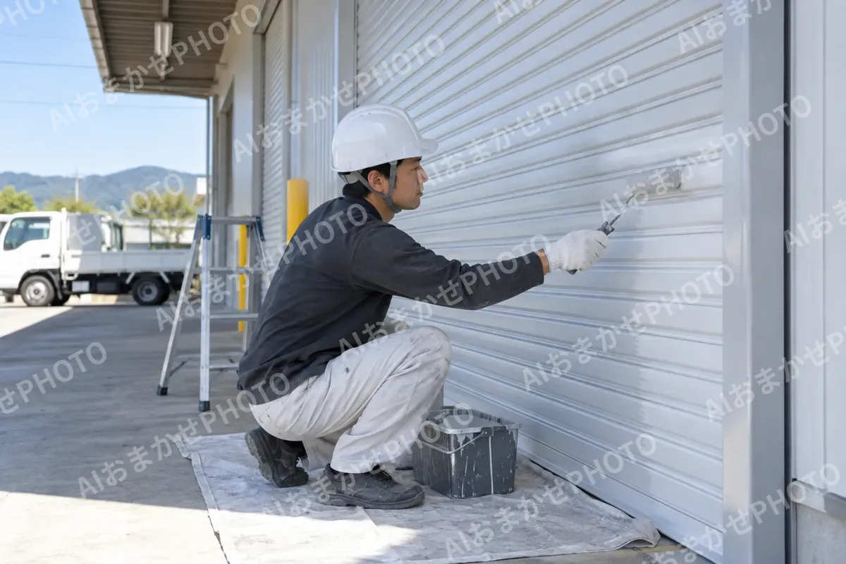 倉庫のシャッターをぬる塗装職人（外壁・屋根・塗装・防水の写真 No.51）