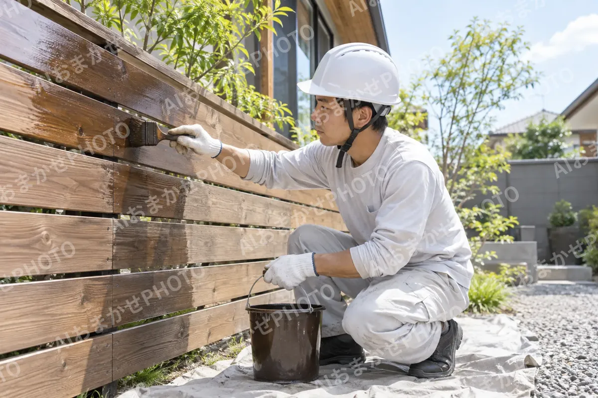 木の塀に防腐の塗料をぬる塗装職人（外壁・屋根・塗装・防水の写真 No.54）