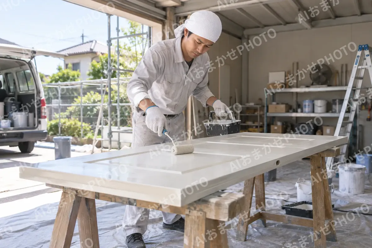 ドアを外して作業場でぬる塗装職人（外壁・屋根・塗装・防水の写真 No.58）
