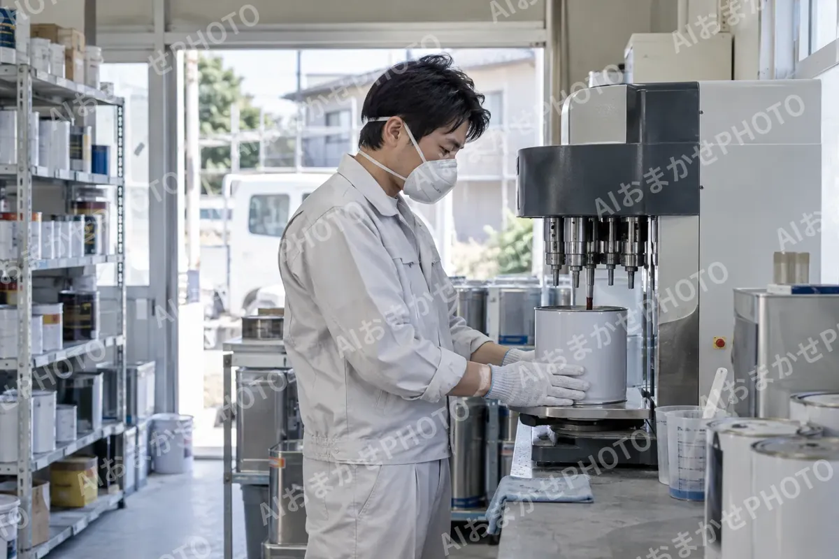塗料の色を機械でまぜて作る職人（外壁・屋根・塗装・防水の写真 No.59）