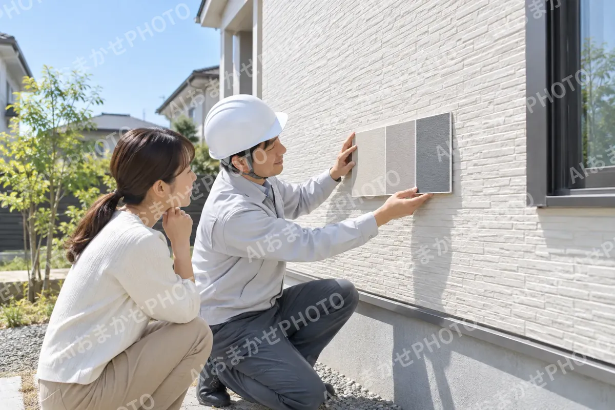 色見本の板を外壁に当てて確かめる社員とお客様（外壁・屋根・塗装・防水の写真 No.60）
