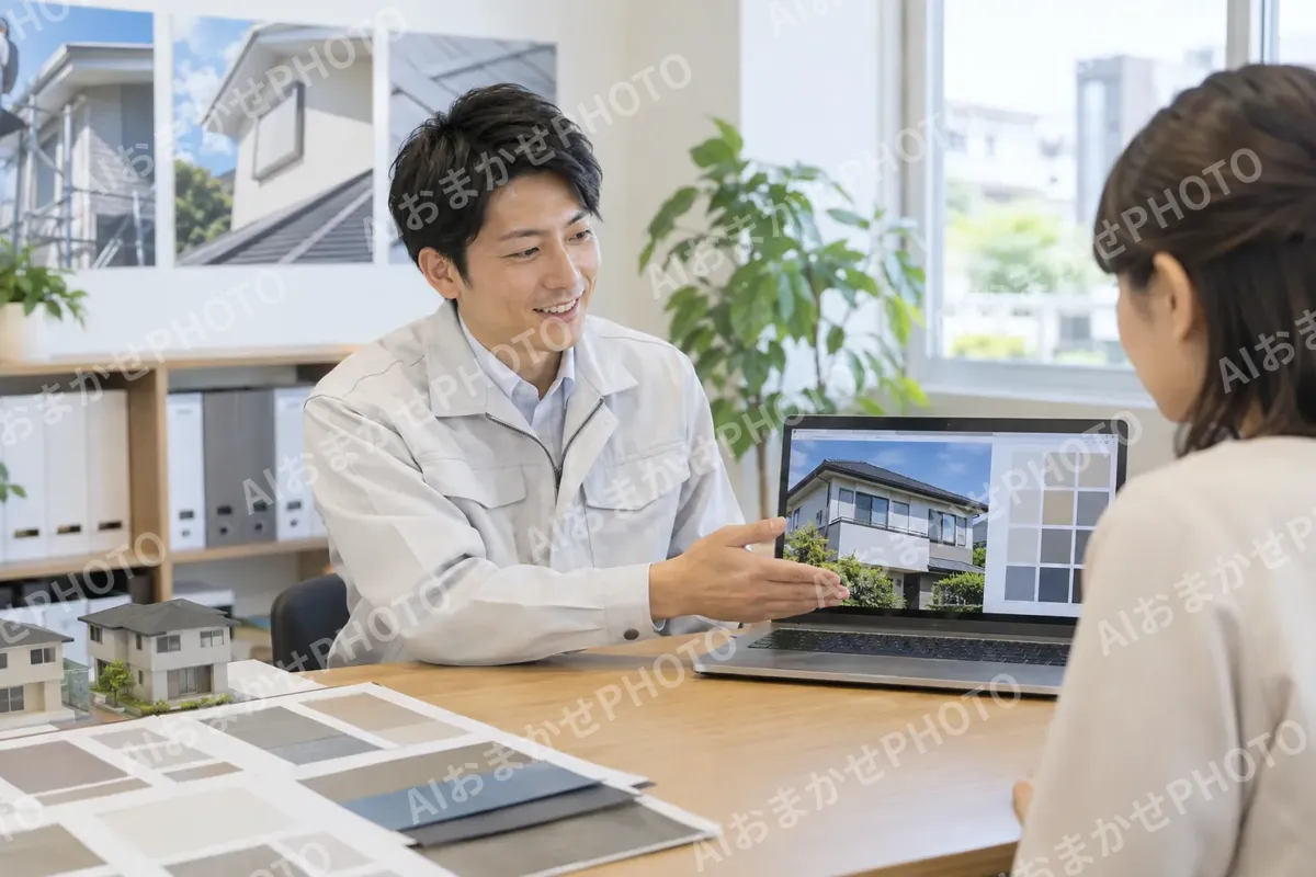 パソコンで仕上がりの色を見せる社員（外壁・屋根・塗装・防水の写真 No.61）