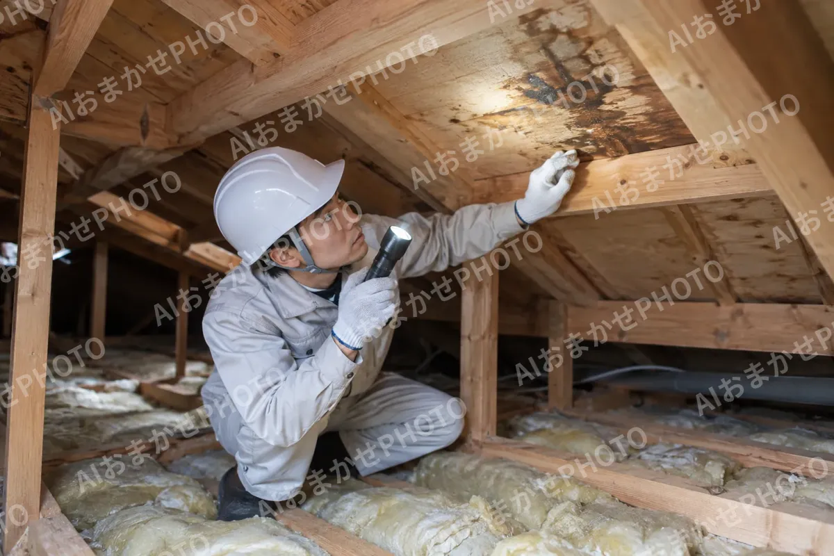 雨漏りの場所を天井裏で調べる職人（外壁・屋根・塗装・防水の写真 No.63）