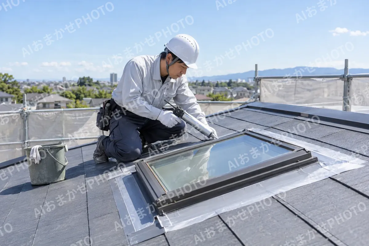 天窓のまわりを防水する職人（外壁・屋根・塗装・防水の写真 No.66）