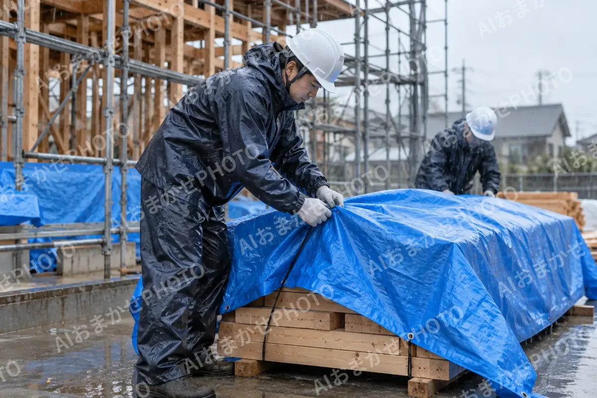 雨の日にシートで資材をおおう作業員（建築・建設その他の写真 No.44）