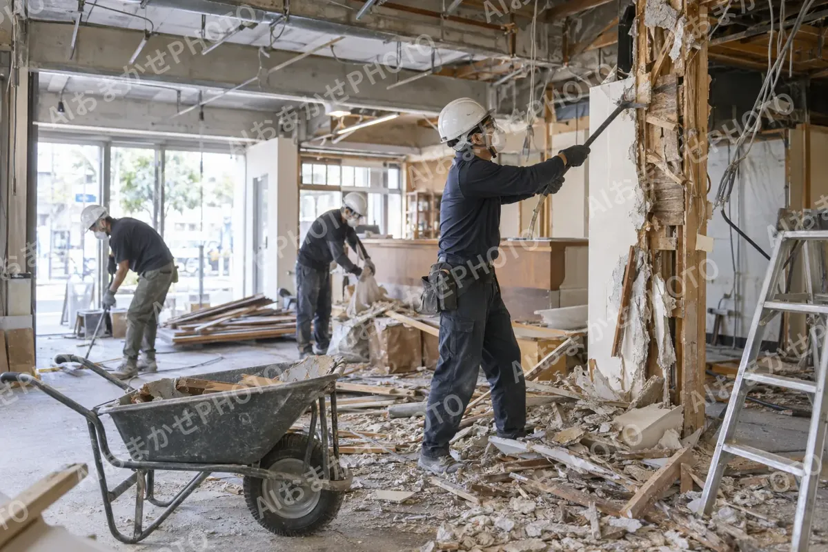 店舗の改装で古い内装をこわす職人たち（建築・建設その他の写真 No.49）