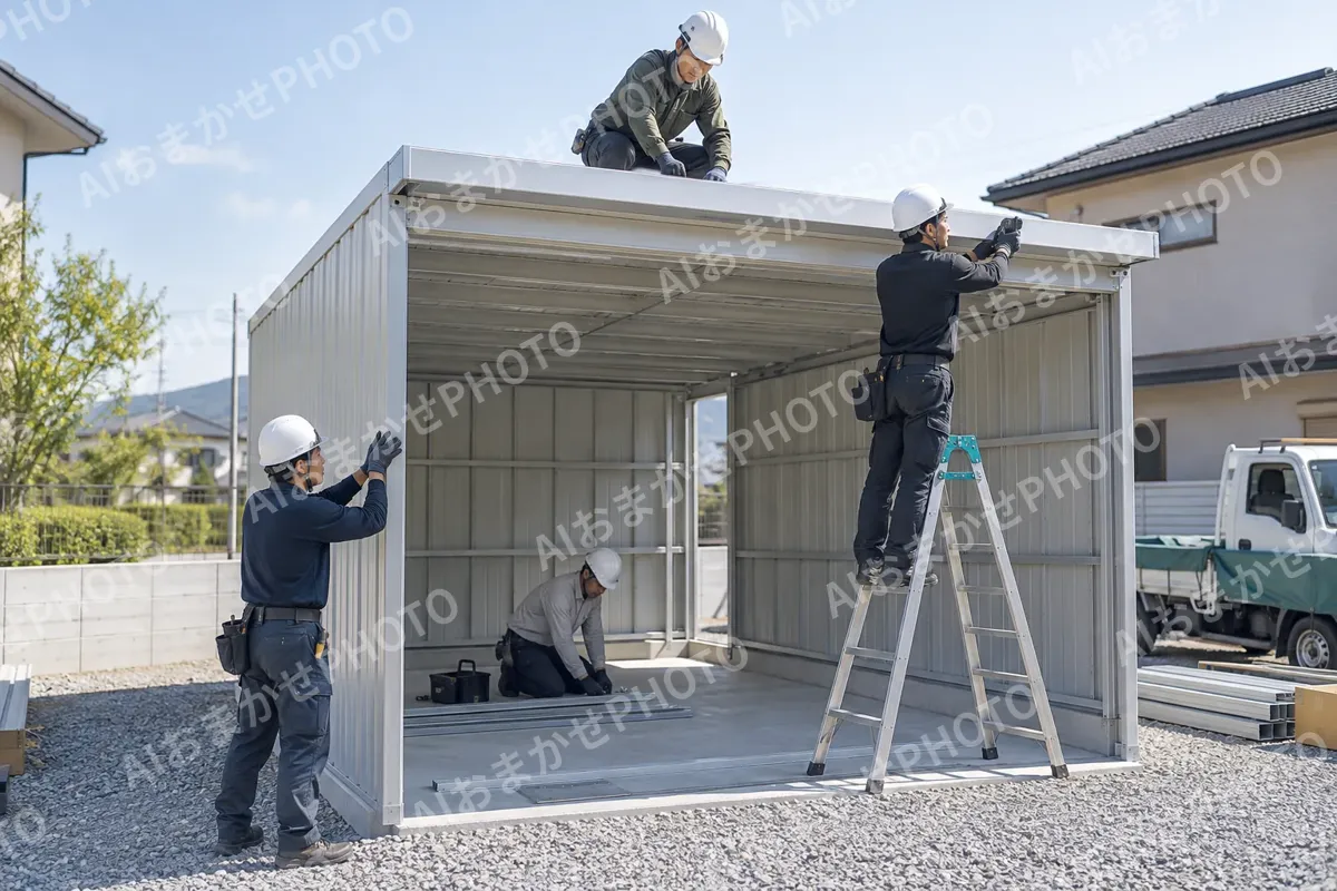 ガレージを組み立てる職人たち（建築・建設その他の写真 No.51）