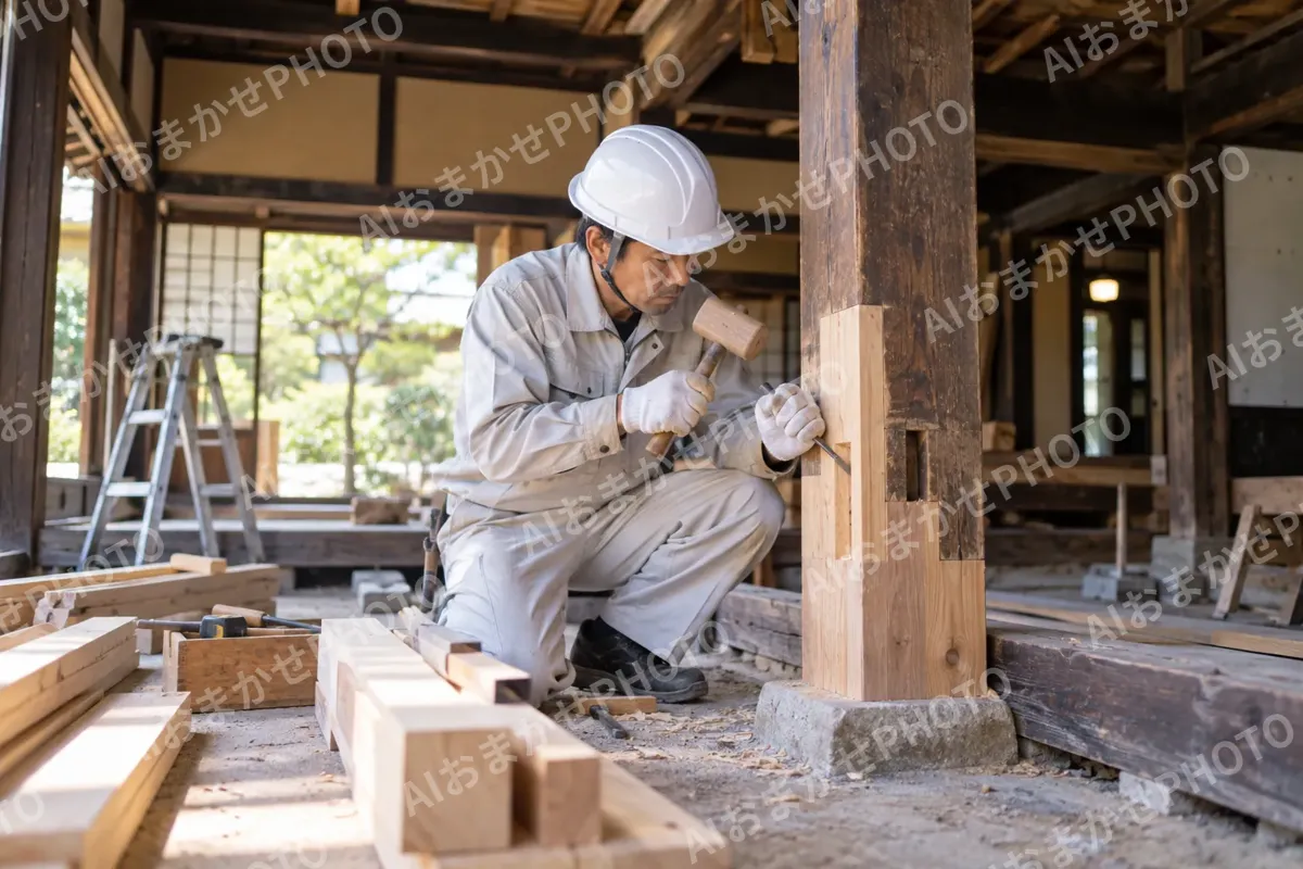 古い民家の柱を直す大工（建築・建設その他の写真 No.55）