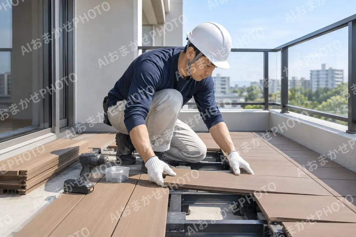 バルコニーの床を作る職人（建築・建設その他の写真 No.58）