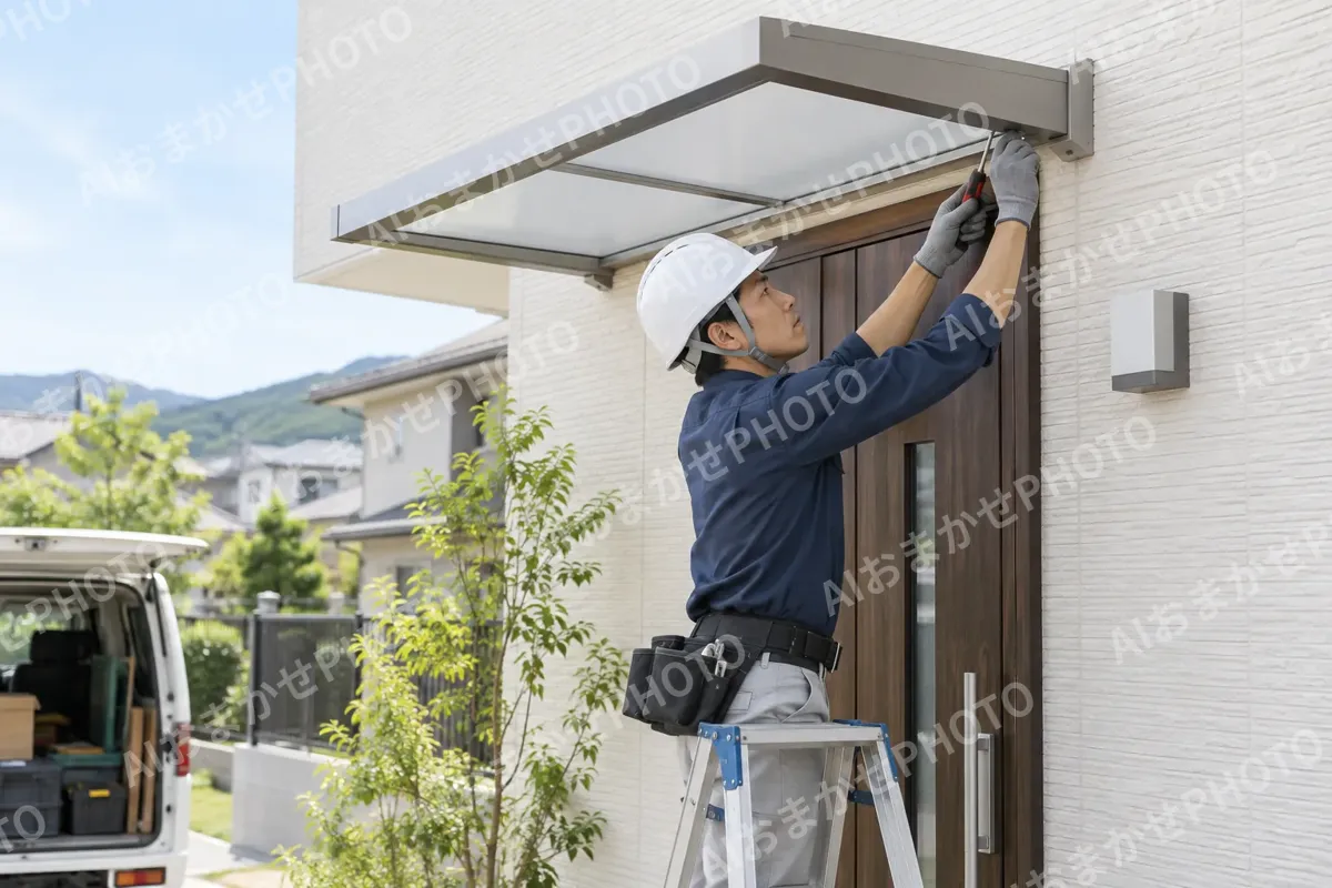 玄関のひさしを取り付ける職人（建築・建設その他の写真 No.59）