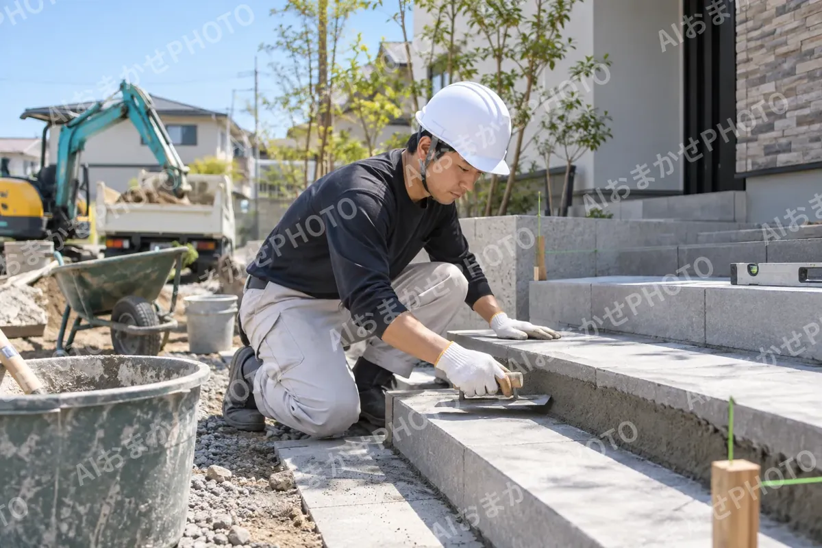 外の階段を作る職人（建築・建設その他の写真 No.60）