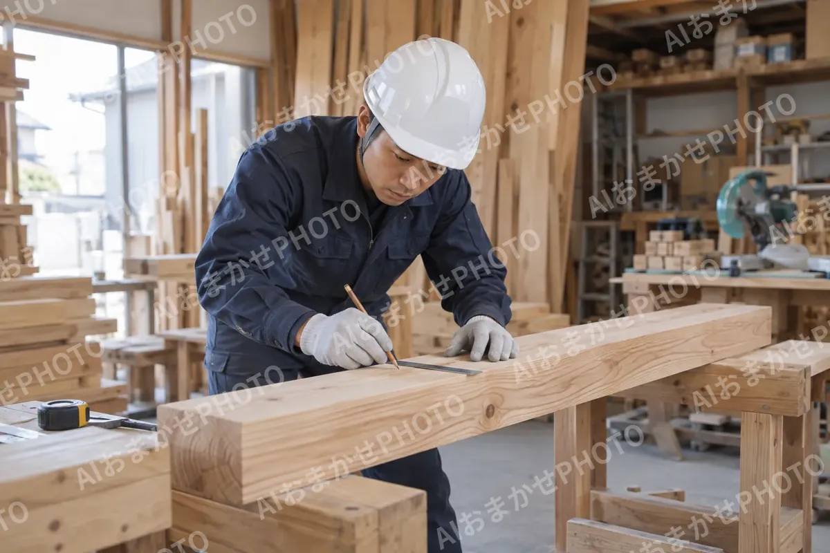 作業場で木材にしるしをつける大工（建築・建設その他の写真 No.62）