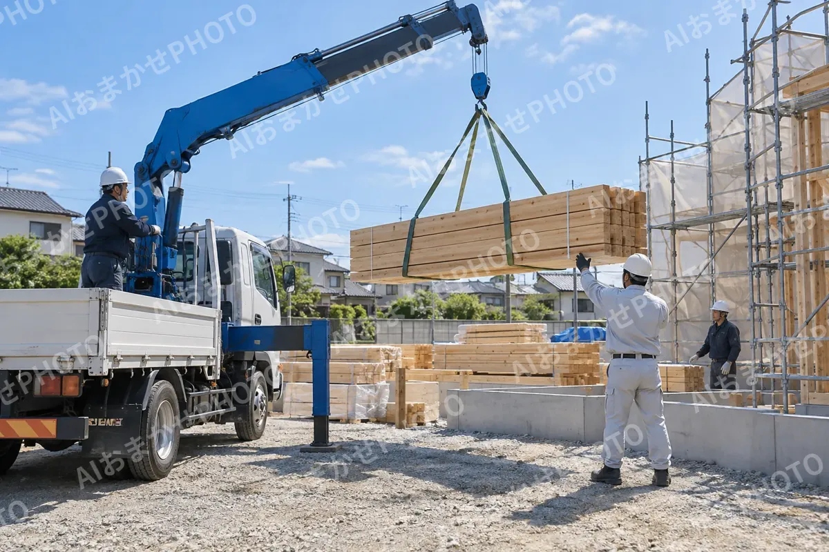 トラックのクレーンで木材を現場に下ろす（建築・建設その他の写真 No.64）