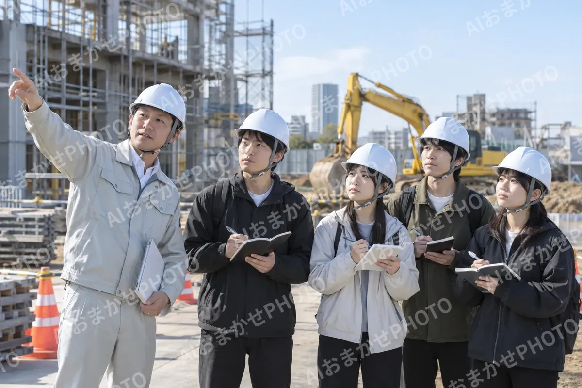 ヘルメットをかぶって現場を見学する学生たち（建築・建設その他の写真 No.67）