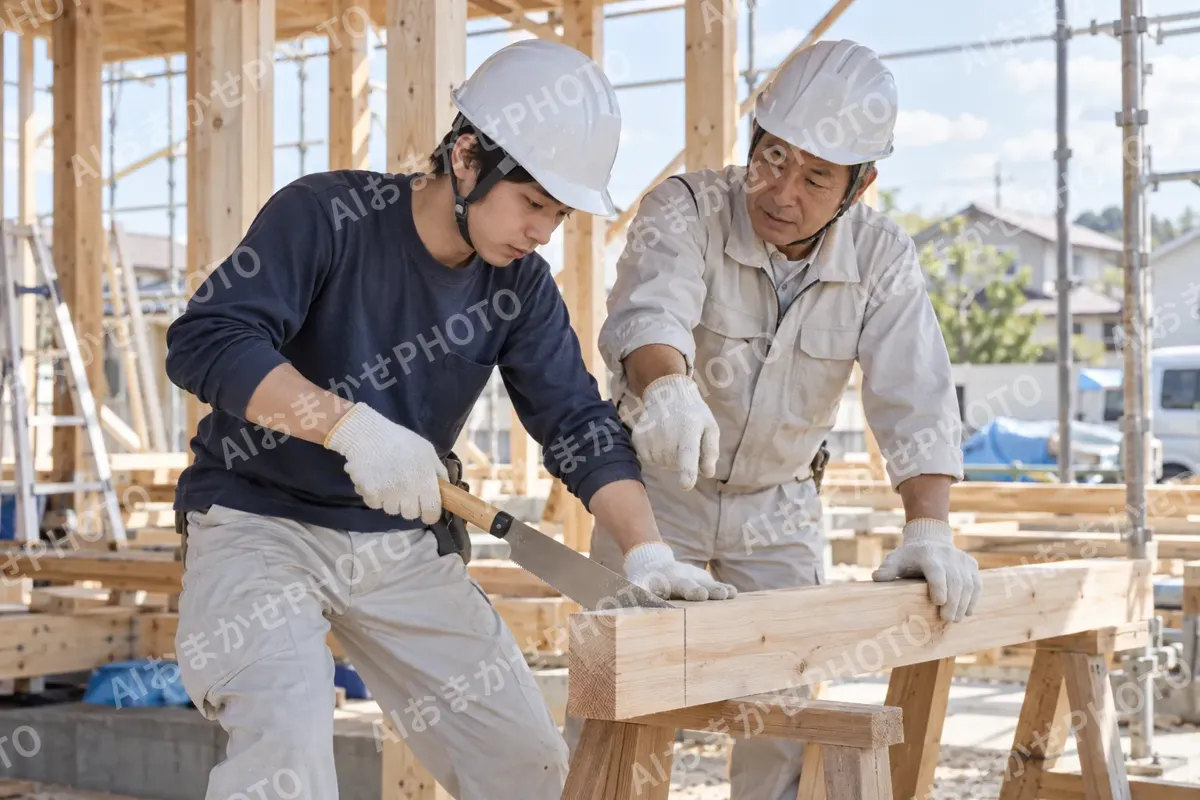 新人の大工にのこぎりの使い方を教える親方（建築・建設その他の写真 No.68）