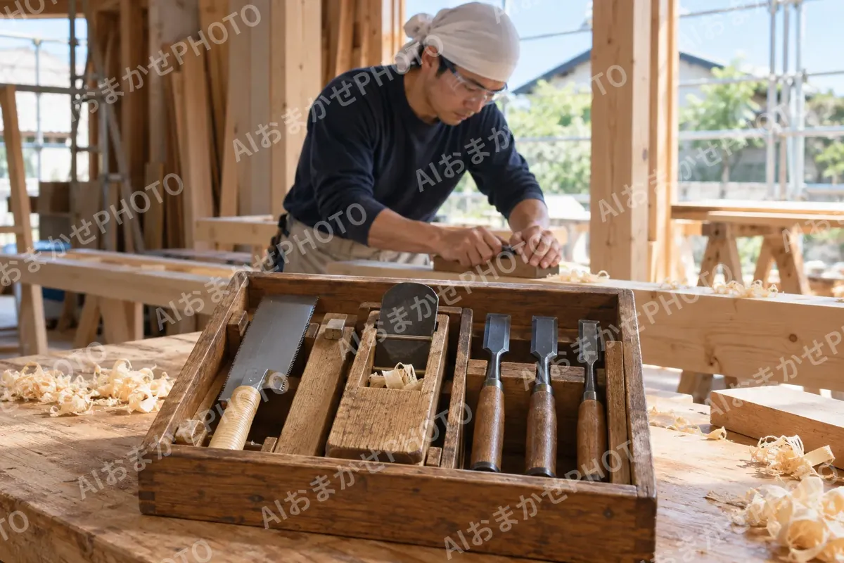 のこぎり・かんな・のみが並んだ道具箱（建築・建設その他の写真 No.70）