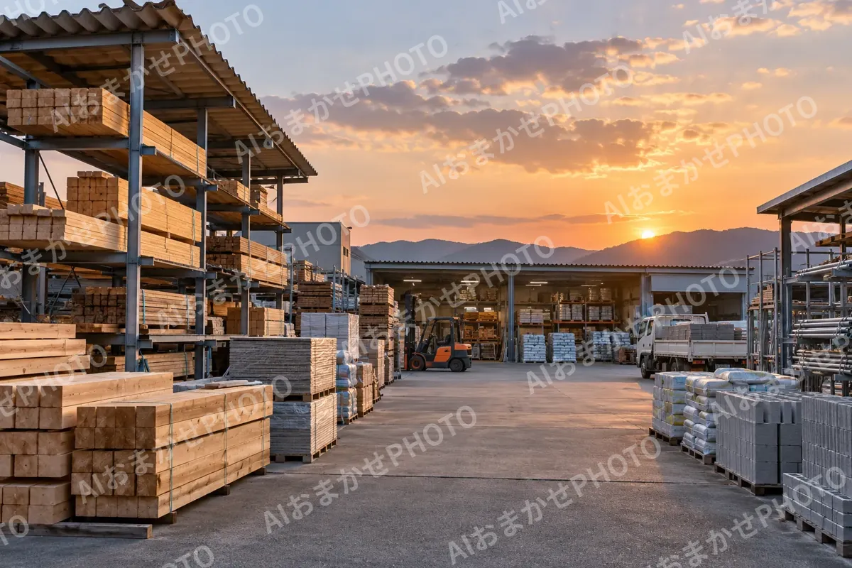 夕方の資材置き場の全体（建材・資材販売の写真 No.47）
