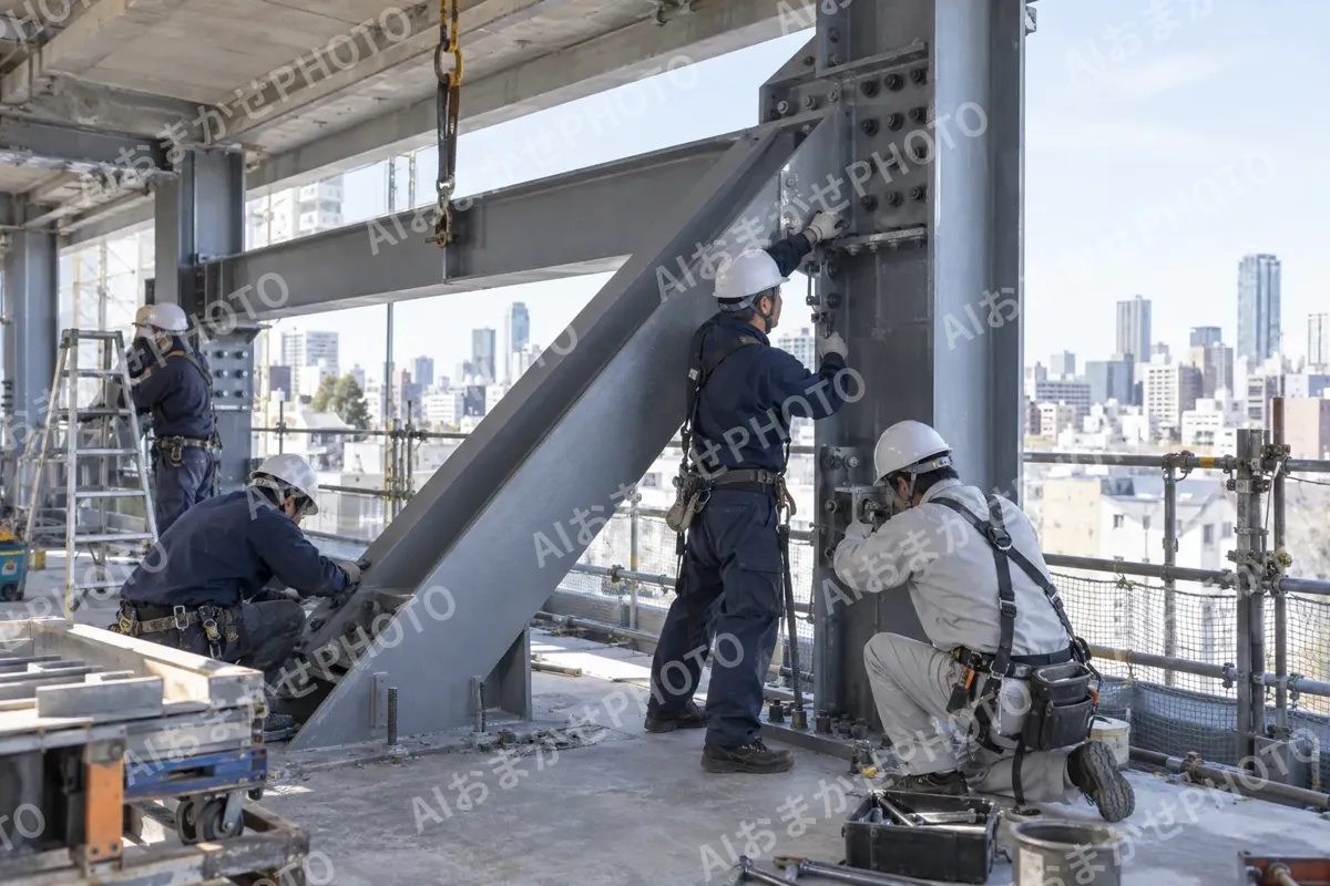 ビルの耐震の補強で鉄骨を取り付ける作業員たち（総合建設・ビル・マンション・店舗・工場の写真 No.56）