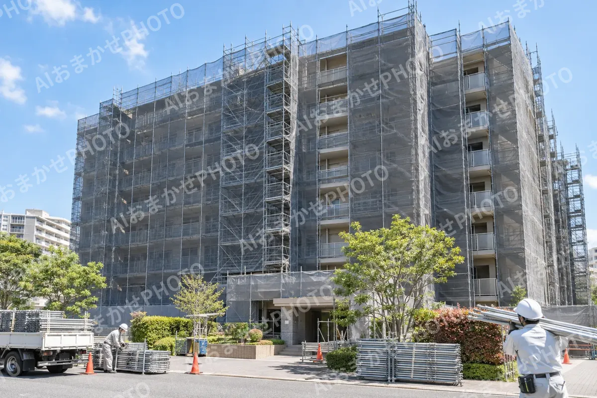 マンションの大規模な修繕で足場に囲まれた建物（総合建設・ビル・マンション・店舗・工場の写真 No.57）