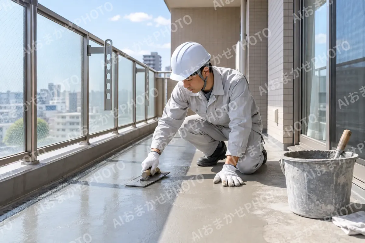 マンションのバルコニーの床を直す作業員（総合建設・ビル・マンション・店舗・工場の写真 No.58）