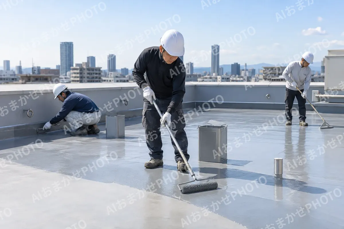 屋上で防水の工事をする作業員たち（総合建設・ビル・マンション・店舗・工場の写真 No.59）