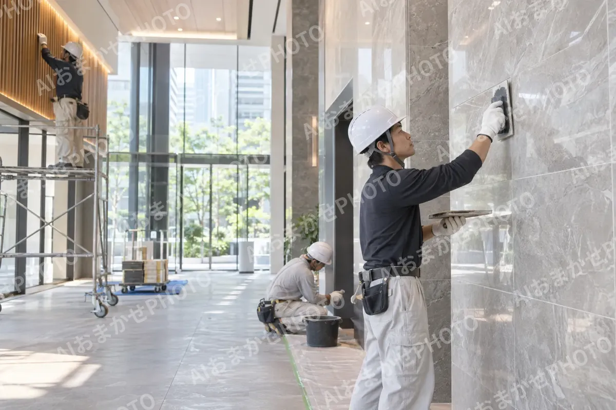 ビルのロビーの内装を仕上げる職人たち（総合建設・ビル・マンション・店舗・工場の写真 No.60）