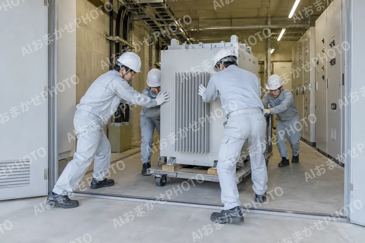 電気室に大きな機械を運び入れる作業員たち（総合建設・ビル・マンション・店舗・工場の写真 No.62）