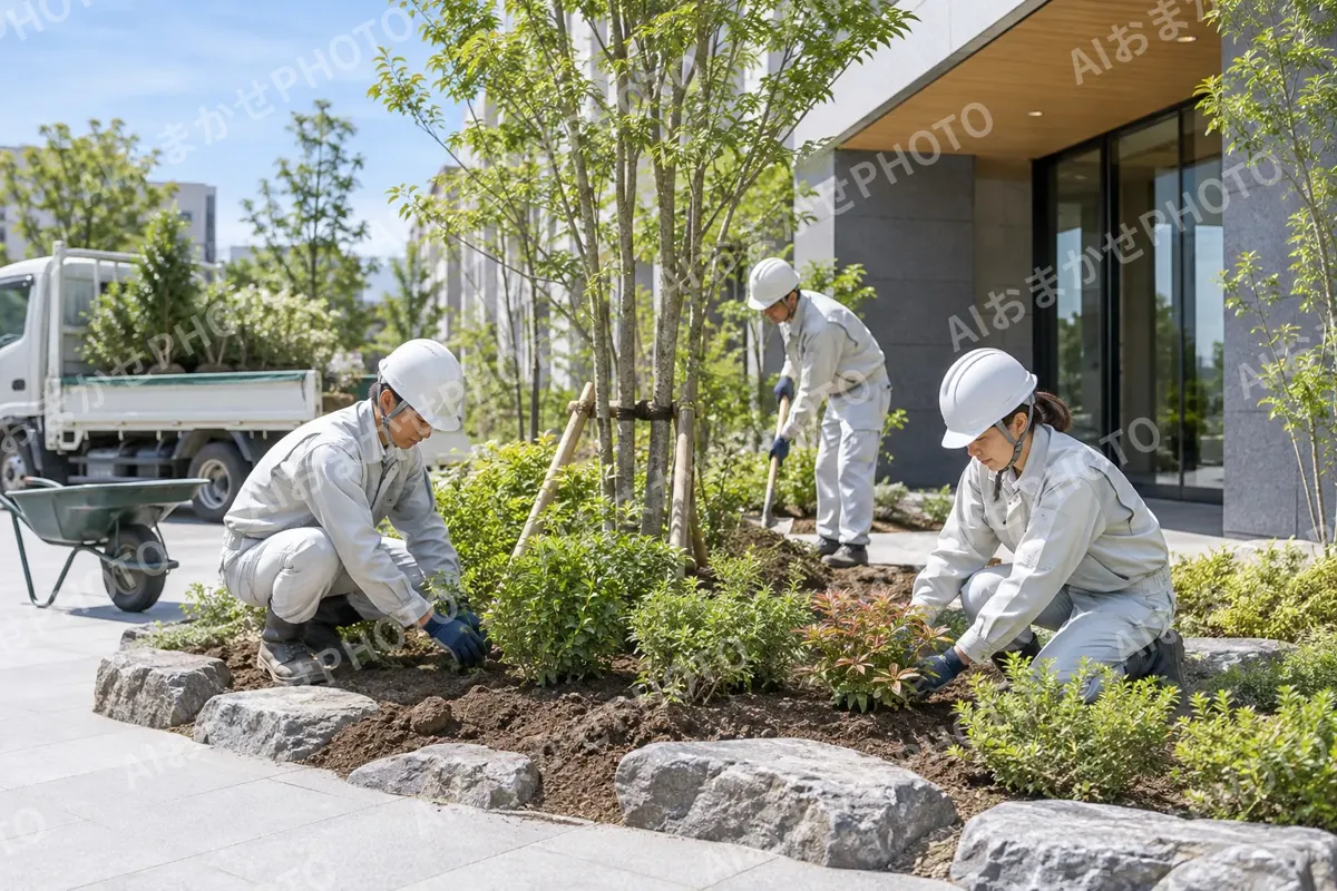 建物のまわりに植え込みを作る作業員たち（総合建設・ビル・マンション・店舗・工場の写真 No.64）