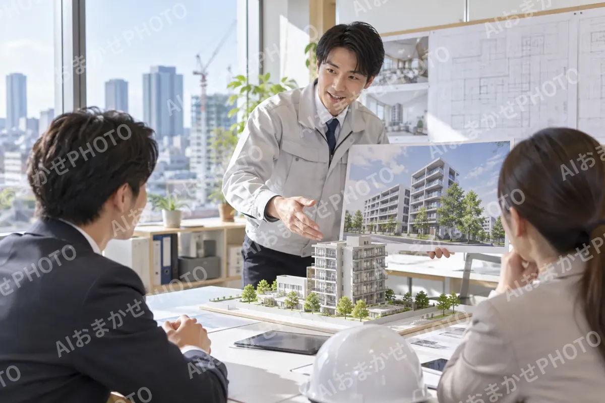 建物の模型と完成の予想図を見せる社員（総合建設・ビル・マンション・店舗・工場の写真 No.65）