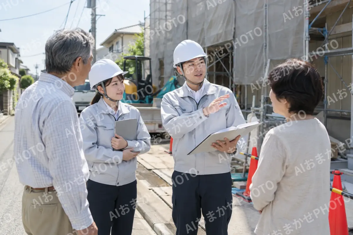 近くの住民に工事の説明をする社員たち（総合建設・ビル・マンション・店舗・工場の写真 No.66）