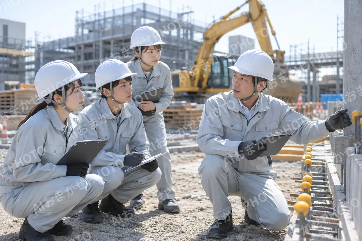 現場で研修を受ける新入社員たち（総合建設・ビル・マンション・店舗・工場の写真 No.69）