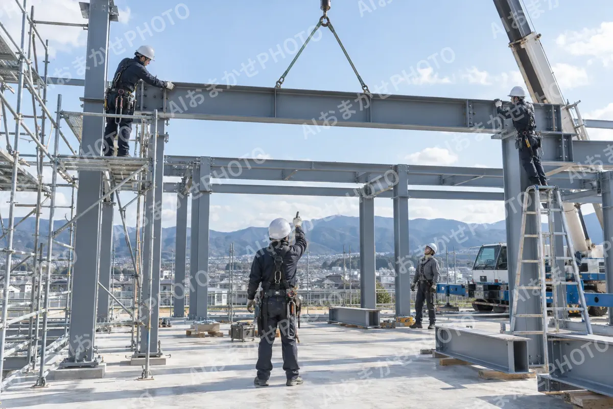 倉庫の鉄骨を現場で組む作業員たち（鉄骨・板金・サッシ・専門工事の写真 No.61）
