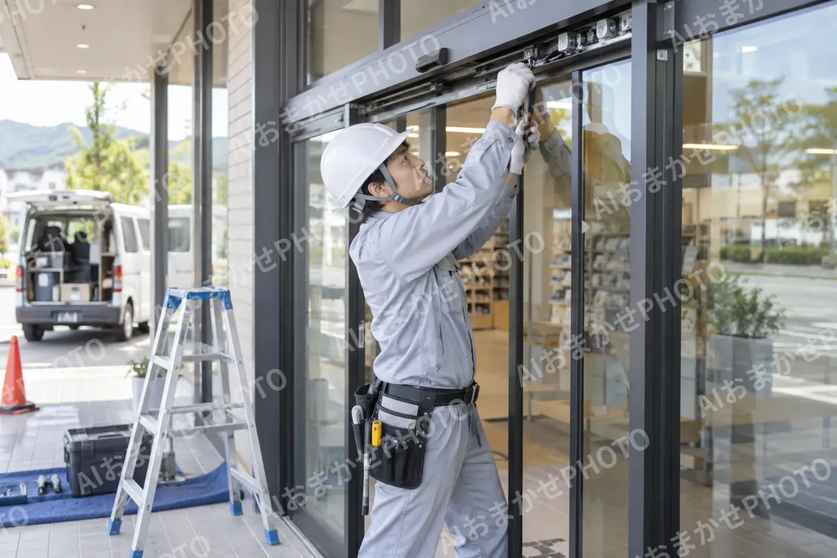 店舗の自動ドアを取り付ける職人（鉄骨・板金・サッシ・専門工事の写真 No.64）