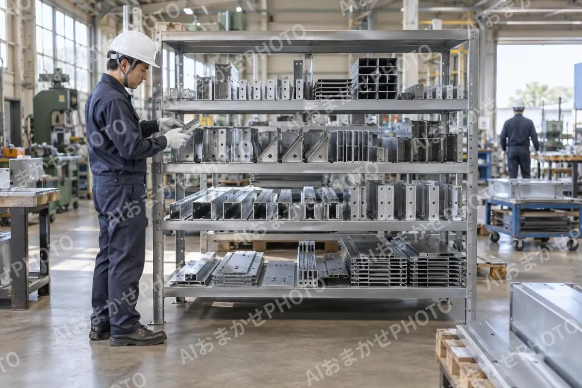 できあがった部品が並んだ棚（鉄骨・板金・サッシ・専門工事の写真 No.67）