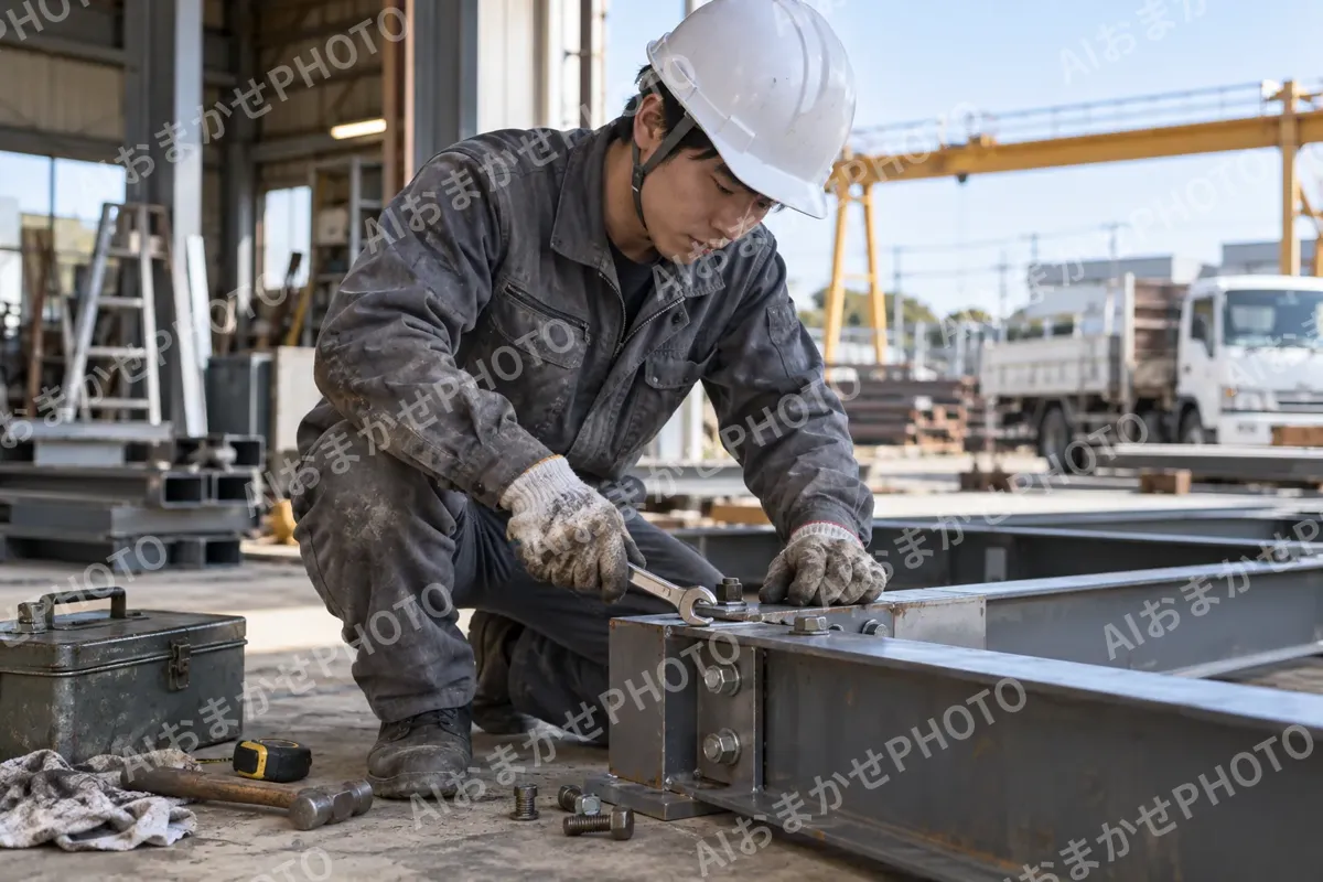 油のついた作業着と手ぶくろと工具（鉄骨・板金・サッシ・専門工事の写真 No.69）