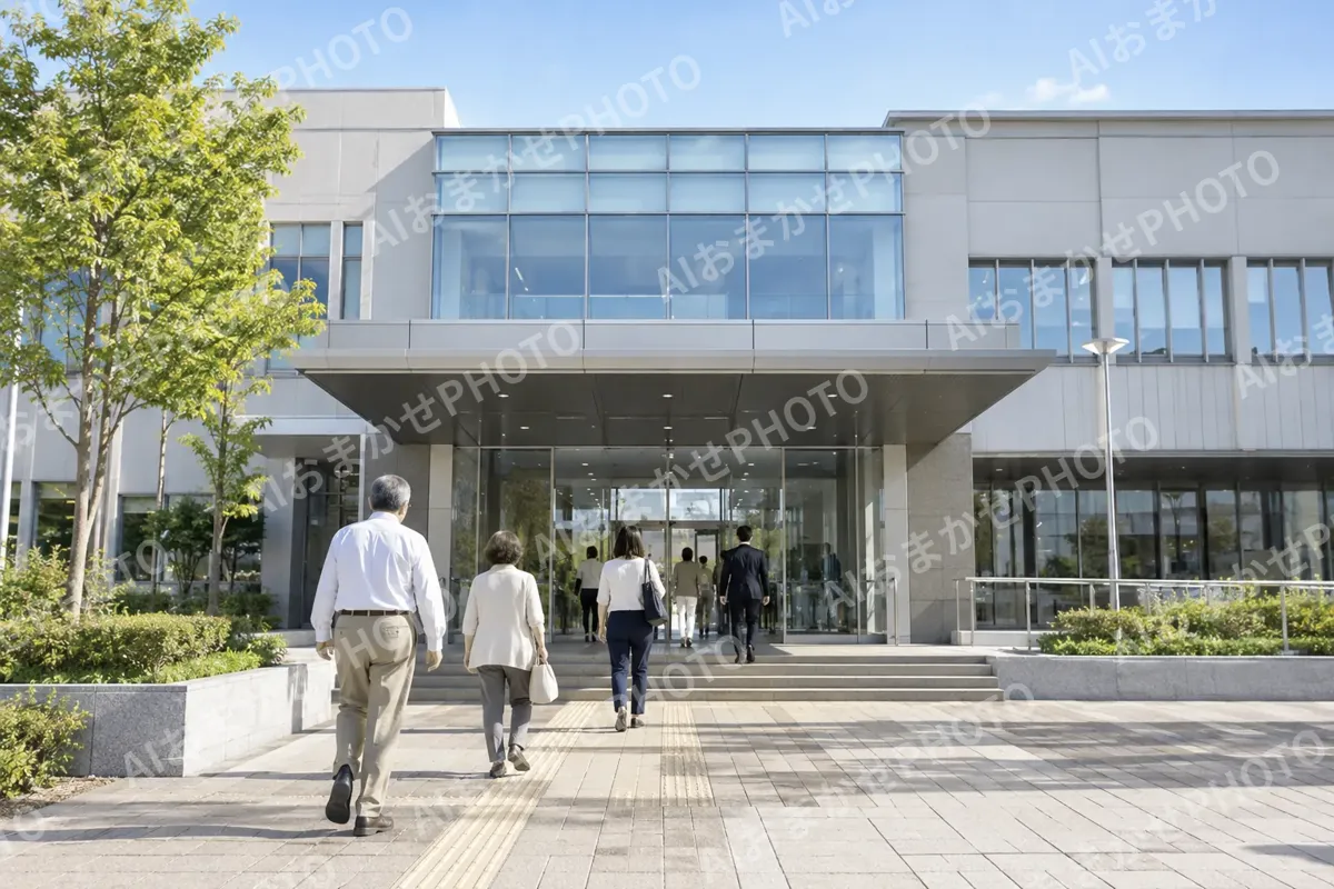 役場の建物と入口に向かう住民（行政・公共・団体・組合の写真 No.24）