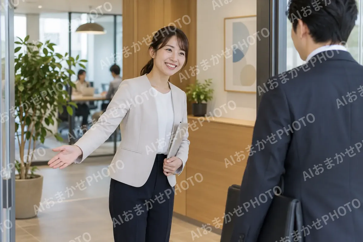 事務所の入口でお客様を迎えるスタッフ（経営・各種コンサルの写真 No.24）