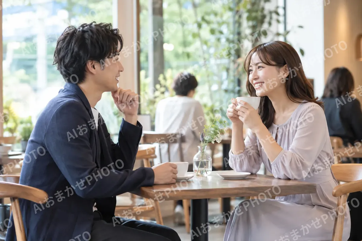 カフェで初めてのデートをする二人（結婚相談所・婚活の写真 No.26）