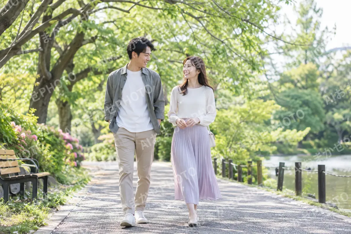 公園を並んで歩く二人（結婚相談所・婚活の写真 No.27）
