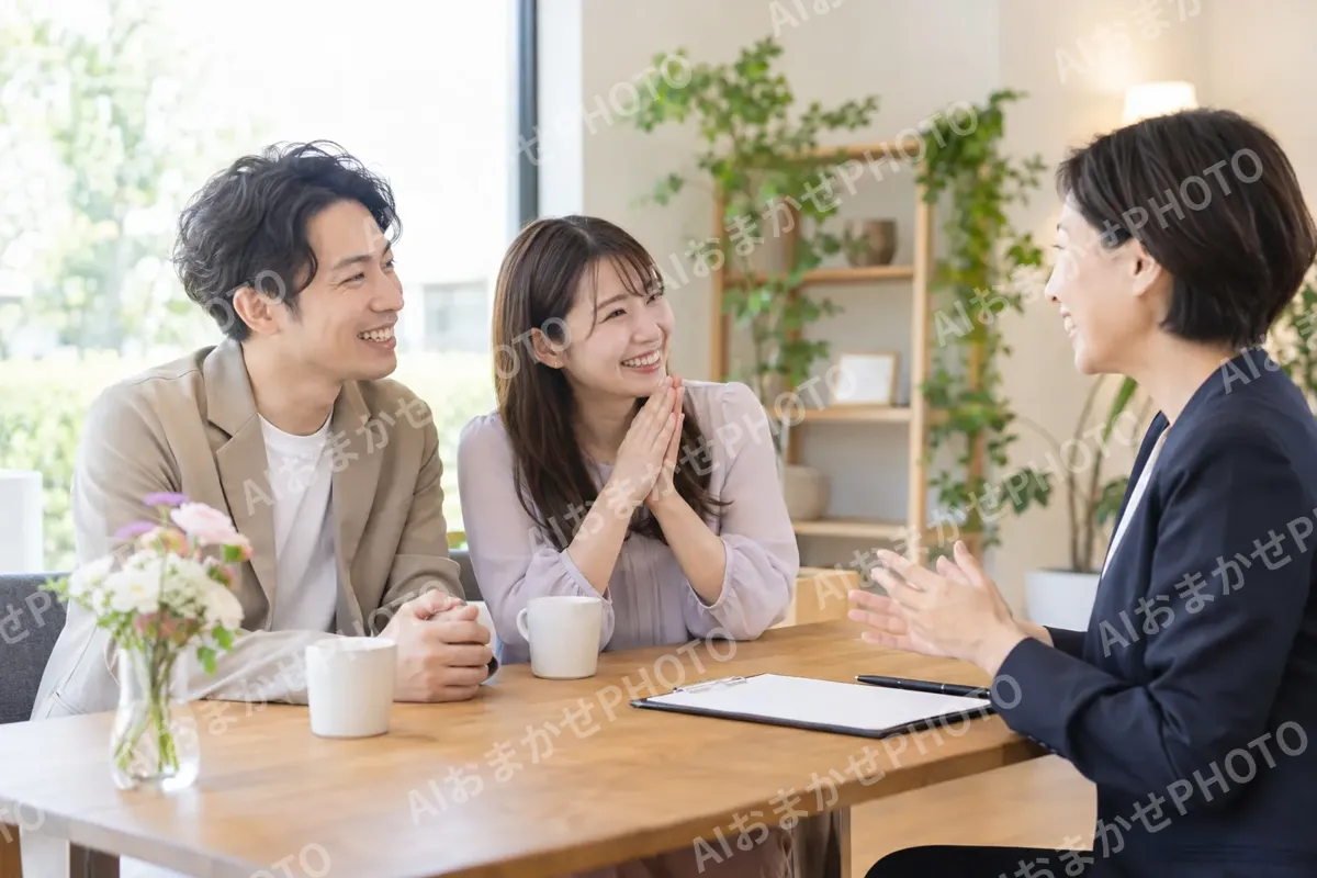 成婚の報告に来た二人とカウンセラー（結婚相談所・婚活の写真 No.28）