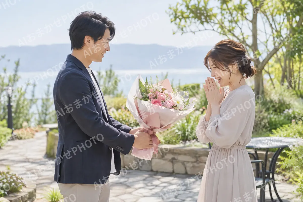 花束を受け取って喜ぶ二人（結婚相談所・婚活の写真 No.29）