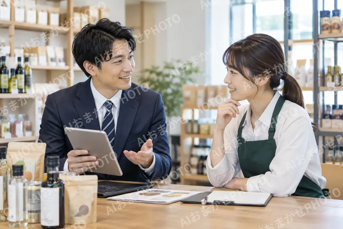 店の人と注文の話をする営業の社員（卸売・商社の写真 No.37）