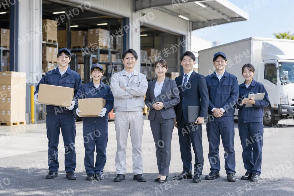 倉庫の前に並んだ社員の集合写真（卸売・商社の写真 No.47）
