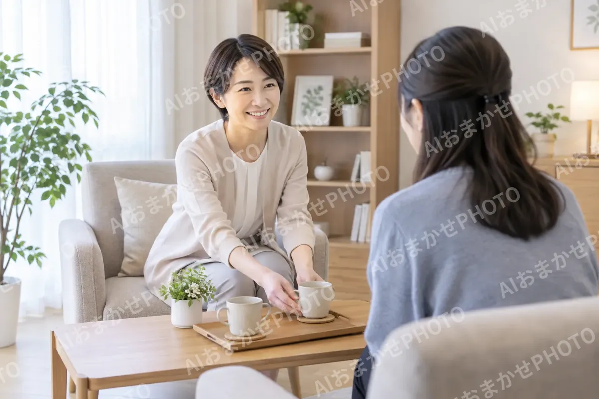 相談に来た人に飲み物を出すカウンセラー（カウンセリング（心理相談）の写真 No.28）