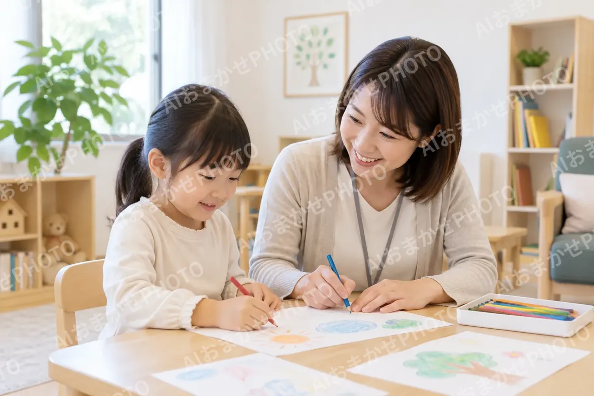 子どもといっしょに絵をかくカウンセラー（カウンセリング（心理相談）の写真 No.29）