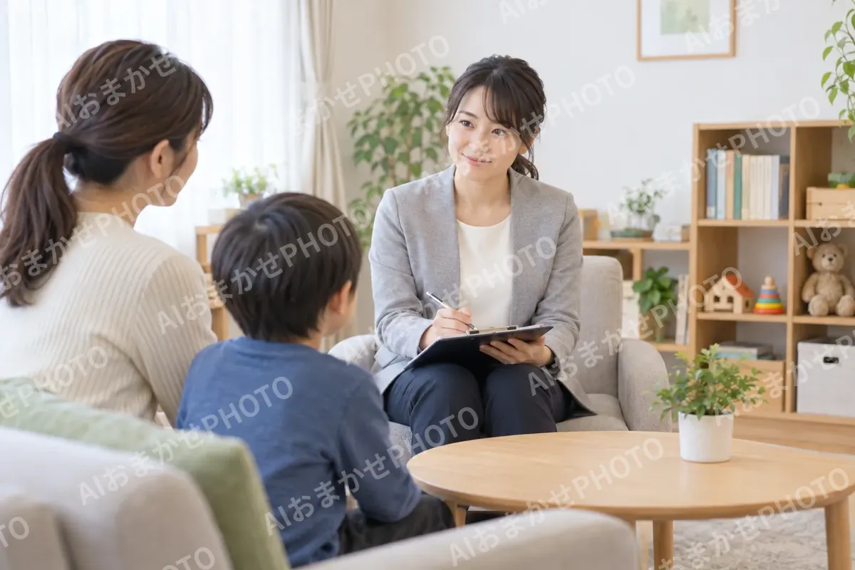 親と子の話を聞くカウンセラー（カウンセリング（心理相談）の写真 No.31）