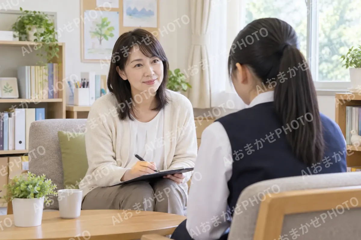学校の相談室で生徒の話を聞くカウンセラー（カウンセリング（心理相談）の写真 No.33）