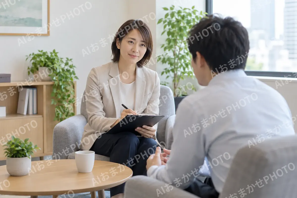 会社の相談室で社員の話を聞くカウンセラー（カウンセリング（心理相談）の写真 No.34）