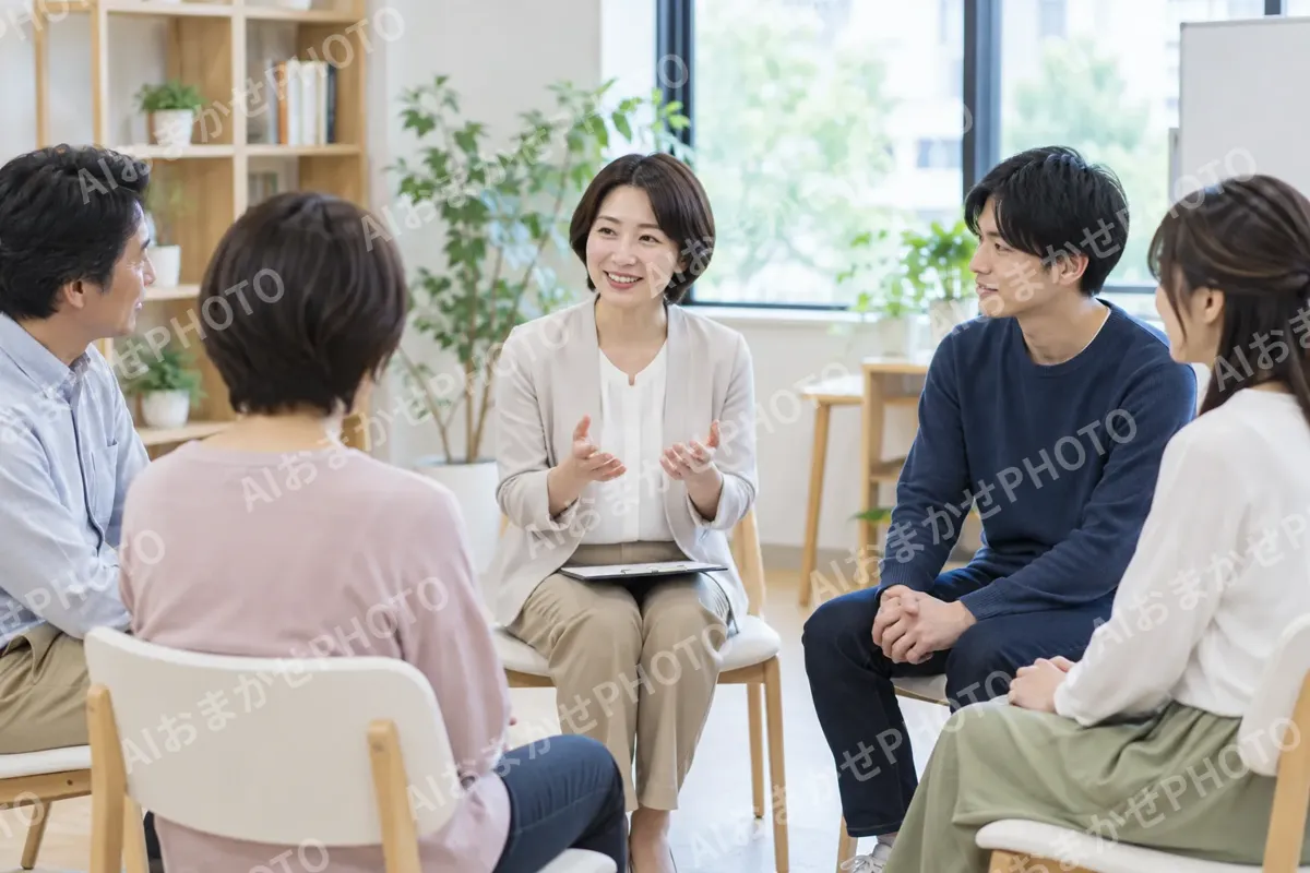 グループで話し合う参加者たちとカウンセラー（カウンセリング（心理相談）の写真 No.40）
