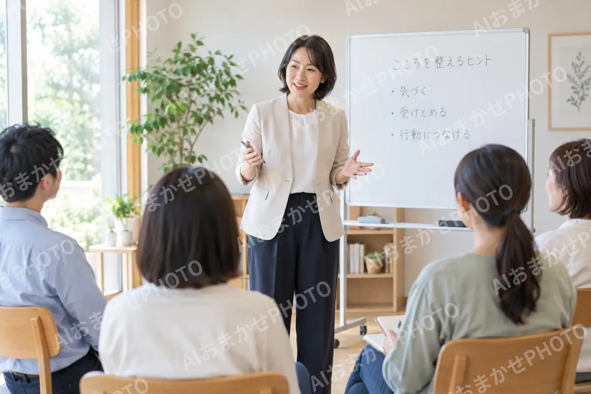 講座で話をするカウンセラーと聞く人たち（カウンセリング（心理相談）の写真 No.41）